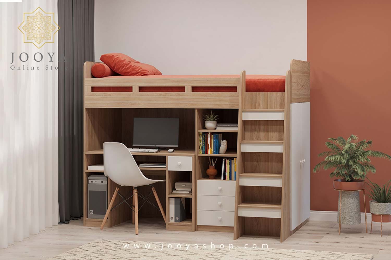 ست تخت دو طبقه و کمد با میز تحریر نوجوان پروا مدل BT738