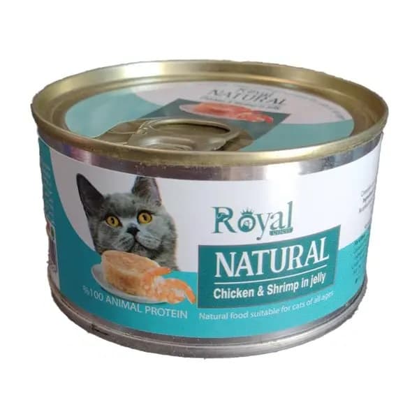 کنسرو نچرال گربه رویال کوکو طعم مرغ و میگو در ژله Royal coco chicken & shrimp in jelly وزن ۲۲۰ گرم
