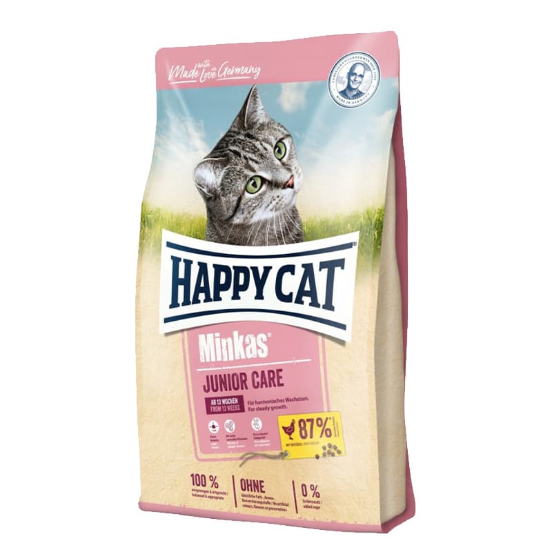 غذای خشک گربه با طعم گوشت مرغ هپی کت مدل Minkas Junior Care وزن 10 کیلوگرم