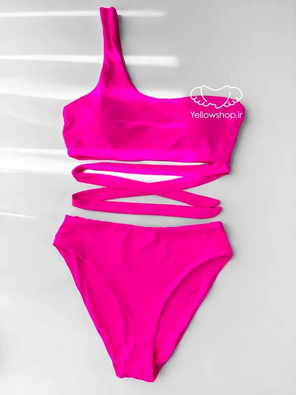 مایو دو تیکه زنانه نیم تنه و شورت فاق بلند سرخابی کد 27203