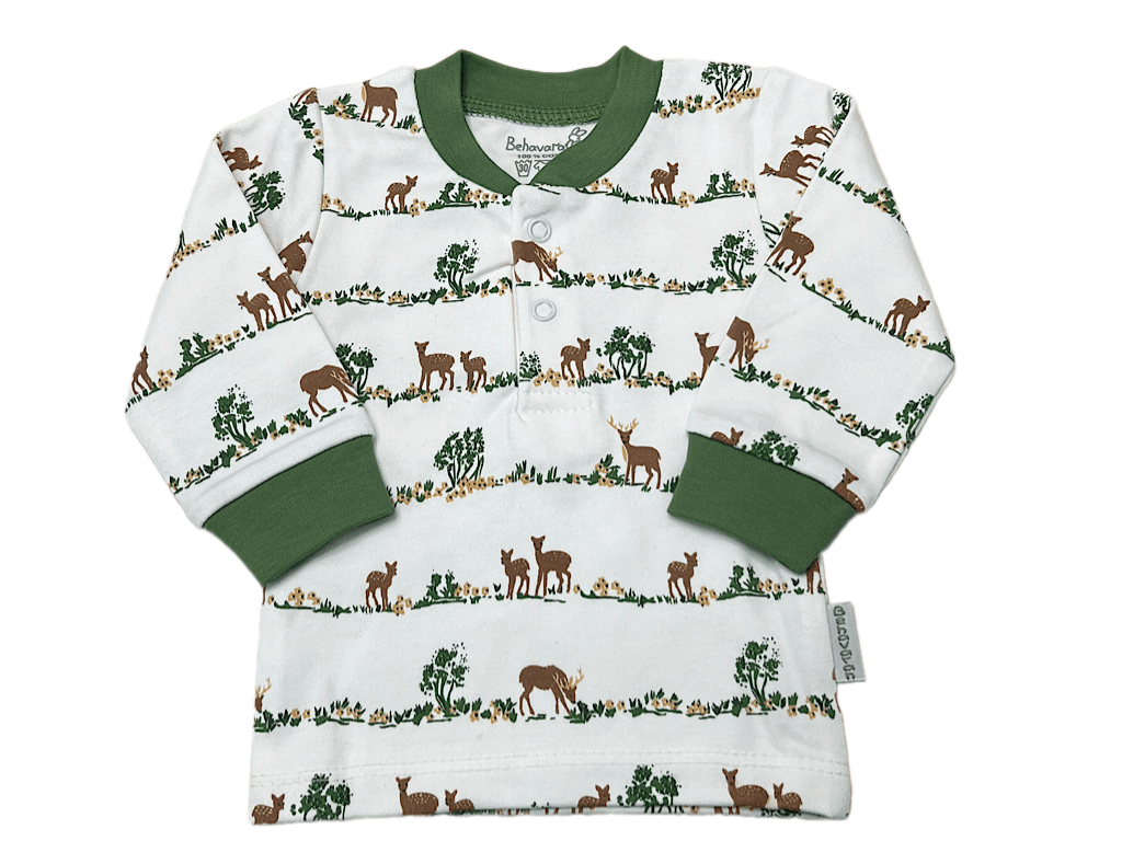 بلوز یقه گرد دو دگمه نوزادی طرح گوزن به آوران behavaran