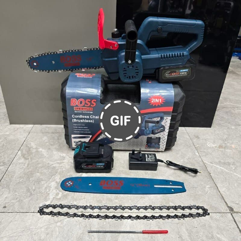 اره زنجیری شارژی ۲۵ و ۳۰ سانت صنعتی کیفی دو ساطور باس مدل 3-321