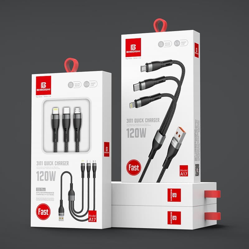 کابل شارژ سه سر بیبوشی مدل BIBOSHI USB To Type-C/Micro USB/Lightning Cable A17