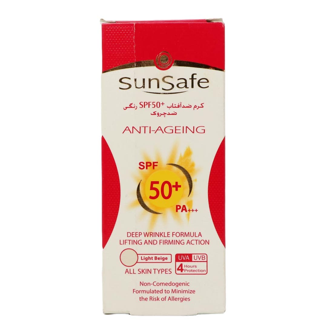 كرم ضد آفتاب ضد چروك رنگی (بژ روشن) اس پی اف 50 مناسب انواع پوست 50 میل سان سیف