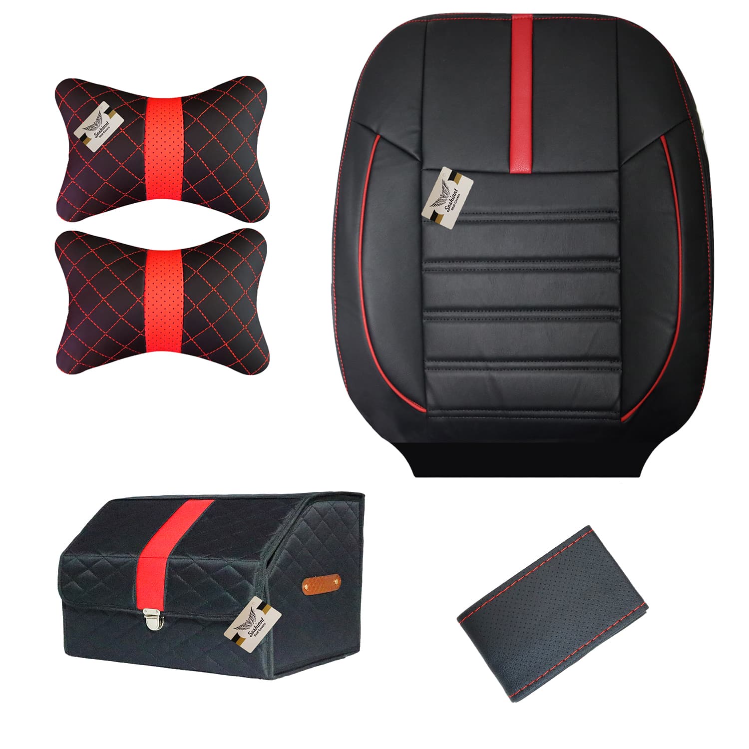 روکش صندلی پژو 207 چرمی برند سوشیانت مدل R به همراه پشت گردنی و جعبه نظم دهنده و دور فرمان