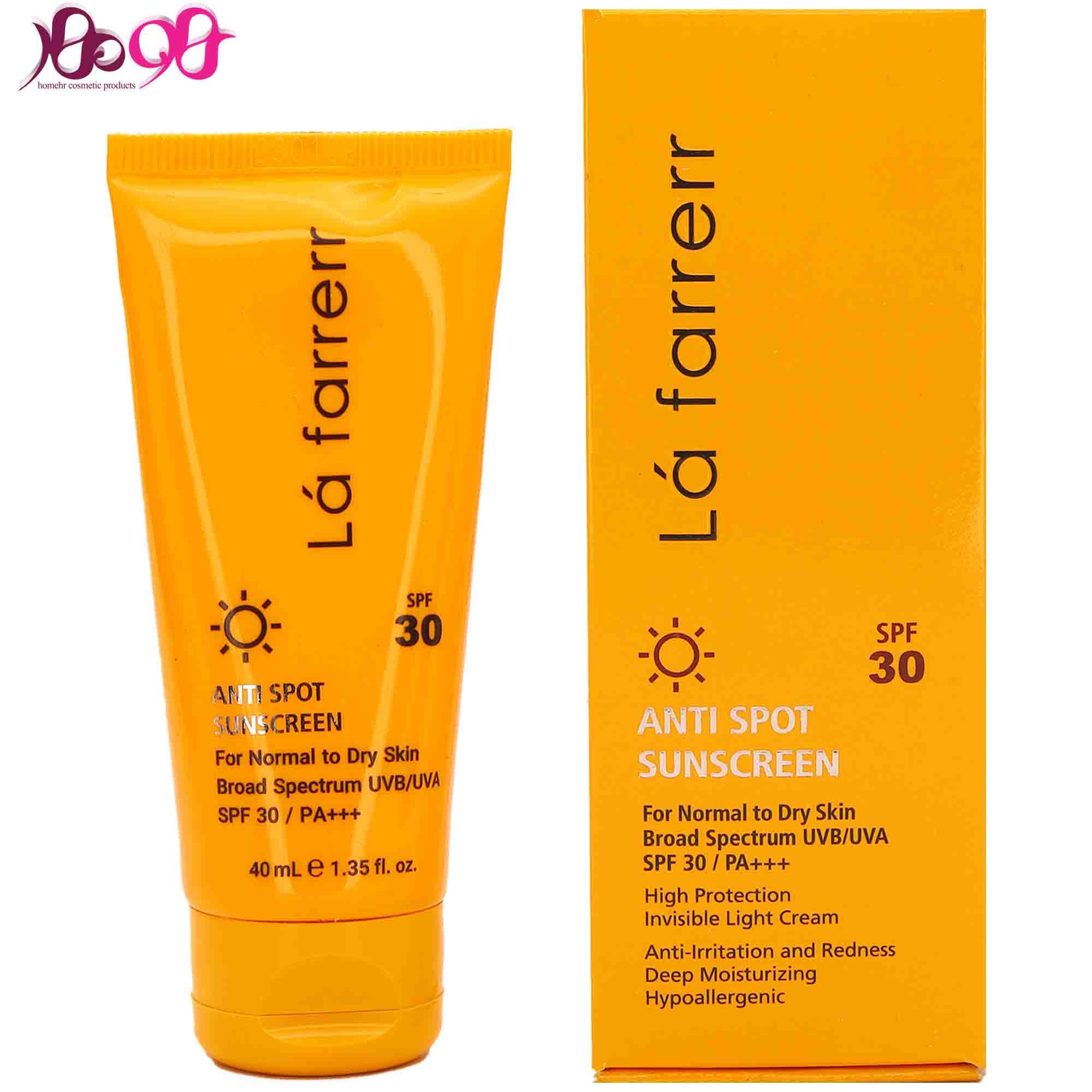کرم ضد آفتاب بی رنگ پوست خشک و نرمال لافارر SPF30