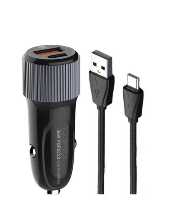 شارژر فندکی 36 وات مشکی الدینیو Ldnio مدل C510 به همراه کابل تبدیل USB-C