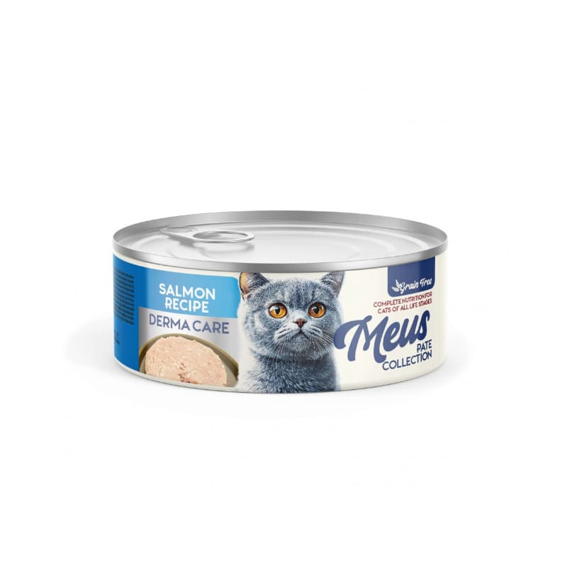کنسرو غذای گربه مئوس مناسب سلامت پوست و مو Meus Derma Care Salmon Recipe وزن 80 گرم