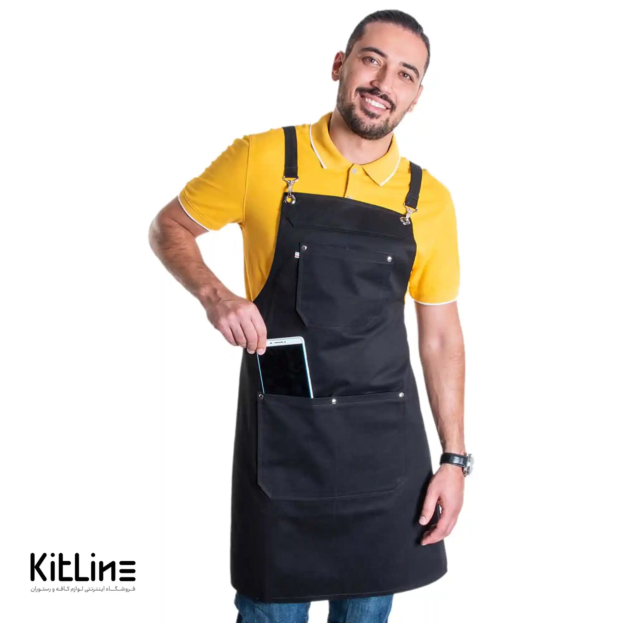 پیشبند کتان کجراه ۳ جیب مشکی سارا فرم