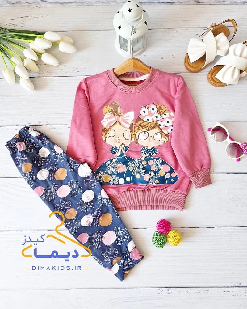 ست بلوز و شلوار صورتی طرح دختر دامن دار