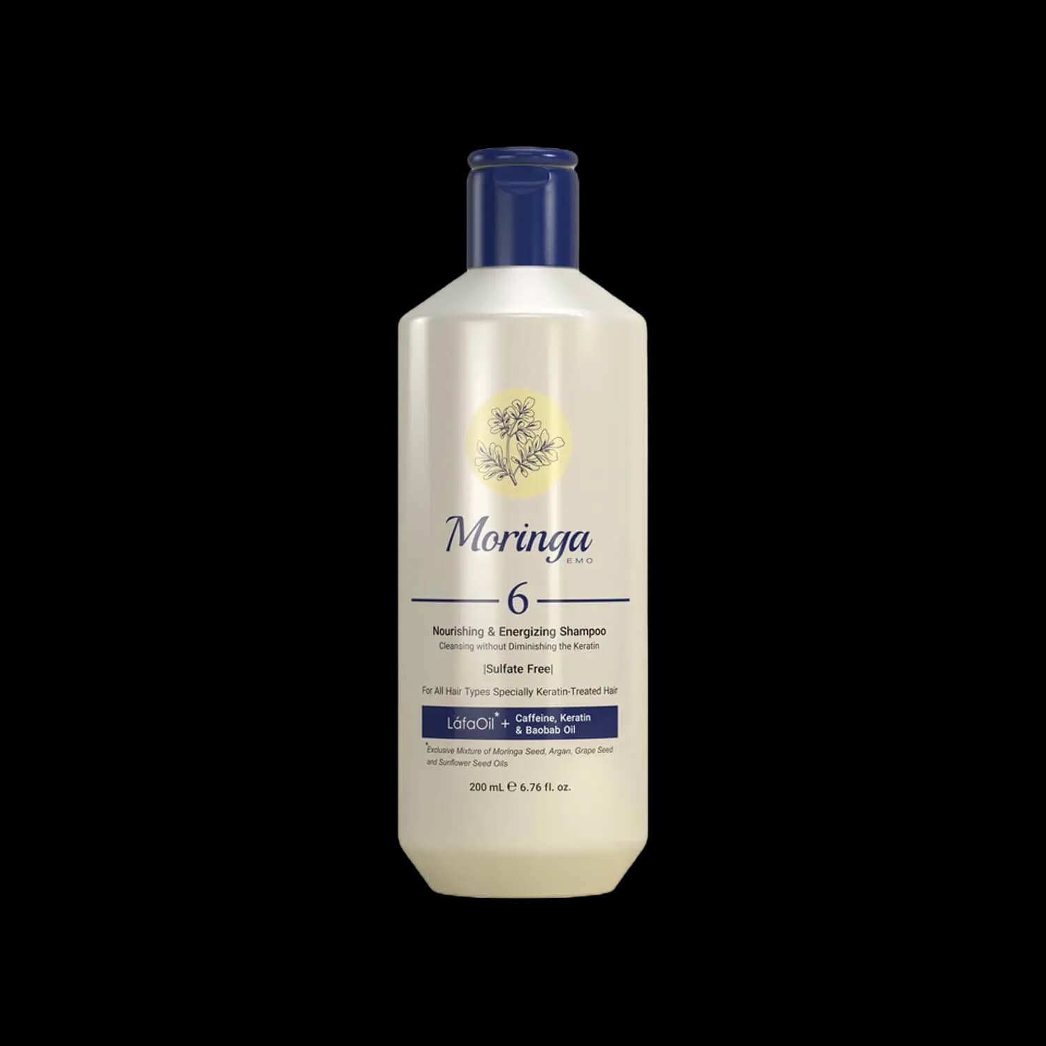 شامپو مغذی و انرژی ‌بخش بدون سولفات مورینگا امو کد 6 مخصوص انواع مو به ویژه کراتینه حجم 200 میلی لیتر