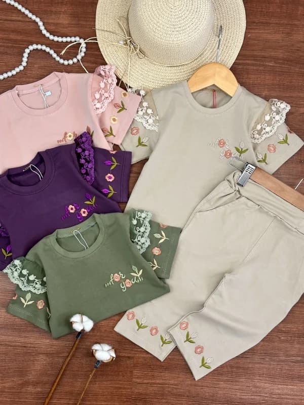 تیشرت و شلوار آستین توردار دخترانه