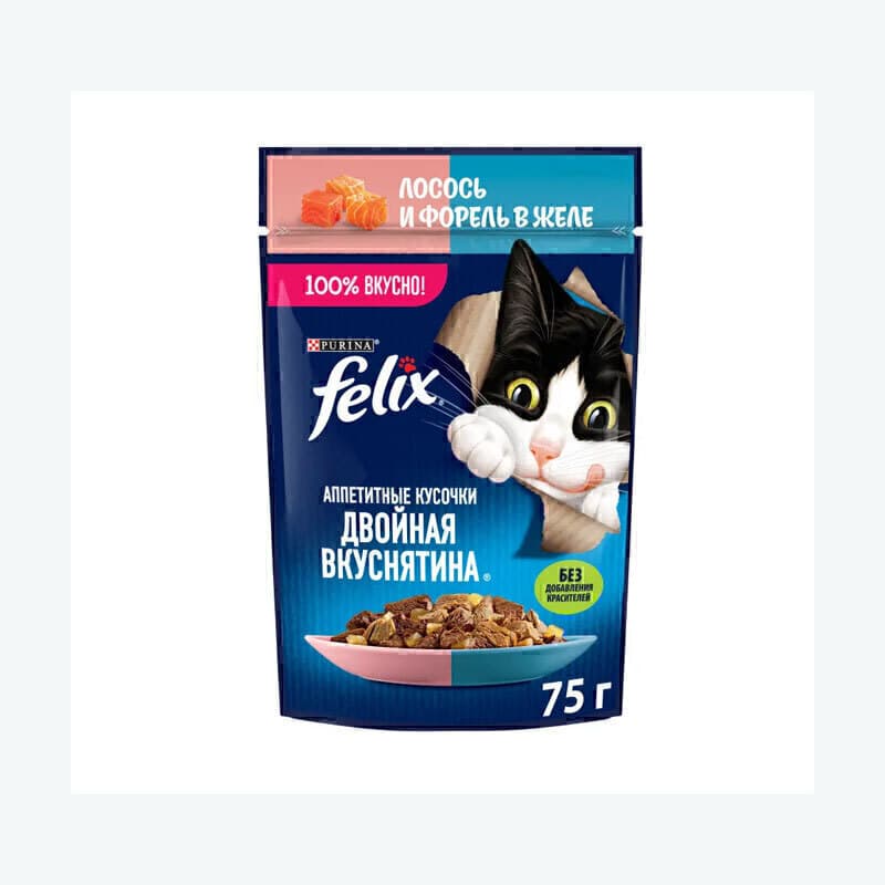 پوچ گربه فلیکس با طعم ماهی سالمون و قزل‌آلا در ژله وزن 75 گرم
