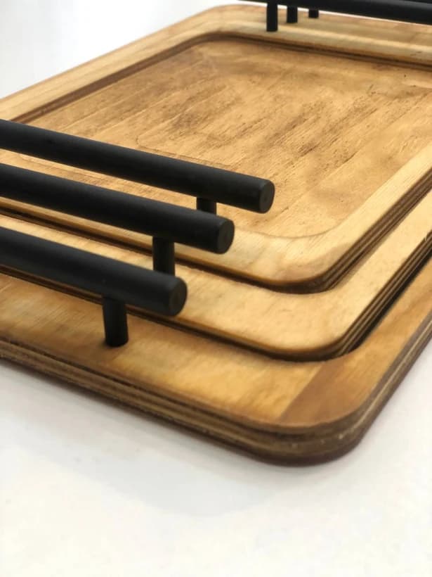 سینی چوبی 3 عددی دسته فلزی