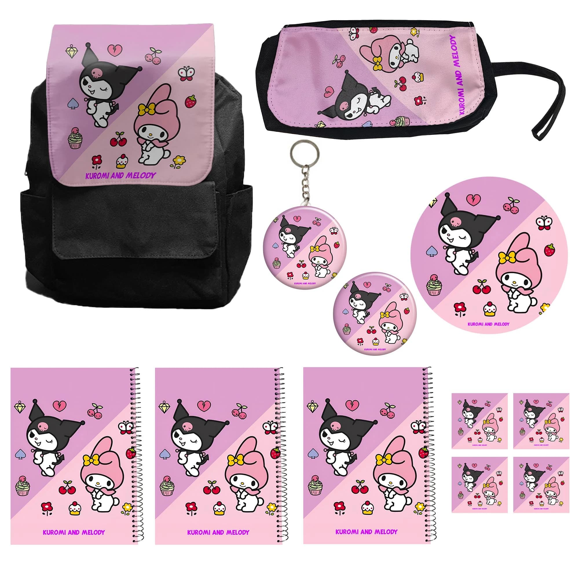 بسته لوازم تحریر مدل کوله پشتی کرومی و ملودی مدل kuromi کد 03 به همراه دفتر مشق و جامدادی و زیر لیوانی و جاکلیدی مجموعه 12 عددی