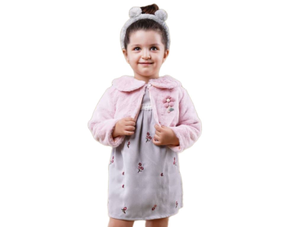 سارافون و کت نوزادی دخترانه رنگ طوسی-صورتی طرح گل های گلدوزی شده