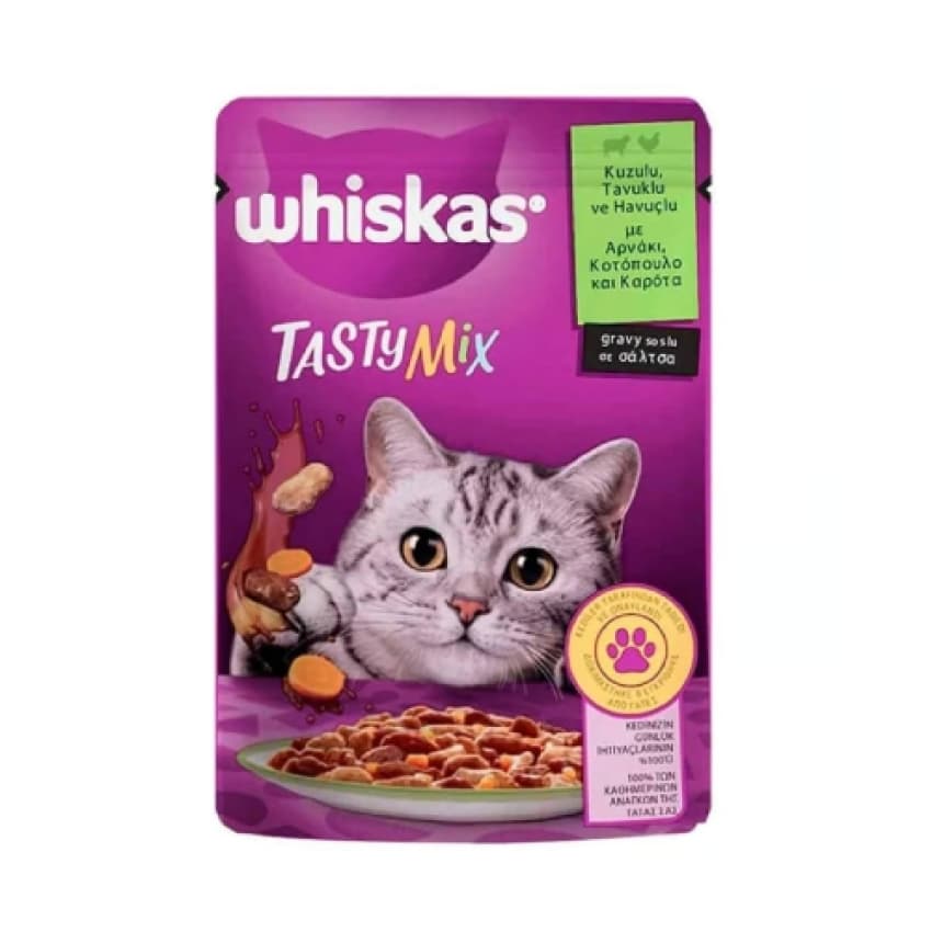 پوچ گربه بالغ ویسکاس طعم بره و بوقلمون در سس Whiskas with lamb & turkey in gravy وزن ۸۵ گرم