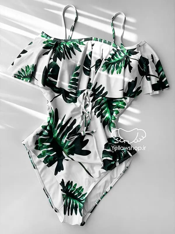 مایو یکسره زنانه یقه قایقی طرحدار برگ سبز کد 27180