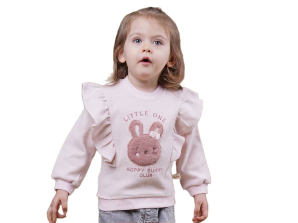 بلوز آستین بلند دخترانه رنگ صورتی روشن طرح برجسته خرگوش