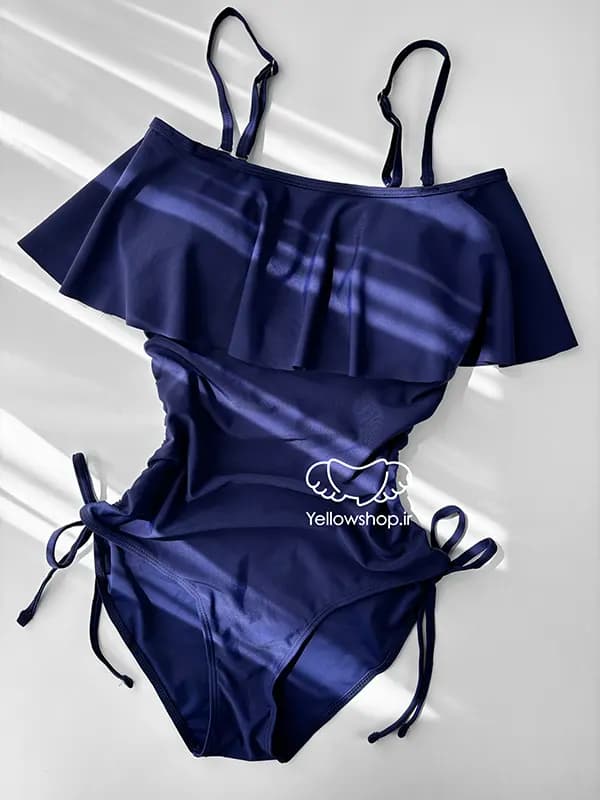 مایو یکسره زنانه یقه قایقی بغل کش سرمه ای کد 27186