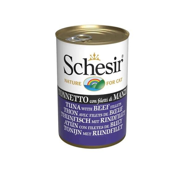 کنسرو گربه با طعم ماهی تن و بیف شسیر (Schesir Tuna With Beef Fillets in jelly) وزن 140 گرم