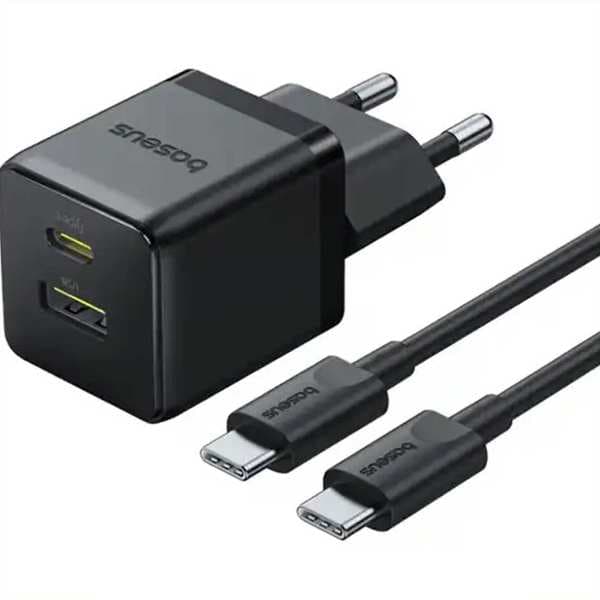 شارژر دیواری فست تایپ‌سی و یو اس بی 30 وات بیسوس با کابل دو سر تایپ سی CCZC30UE
