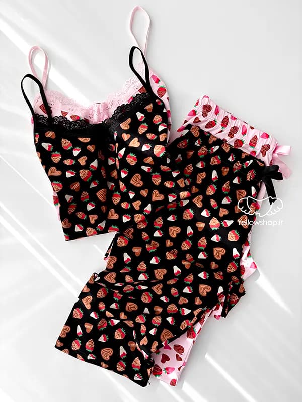 ست تاپ شلوارک نخی زنانه توت فرنگی شکلات برند Lux Moda کد 27165