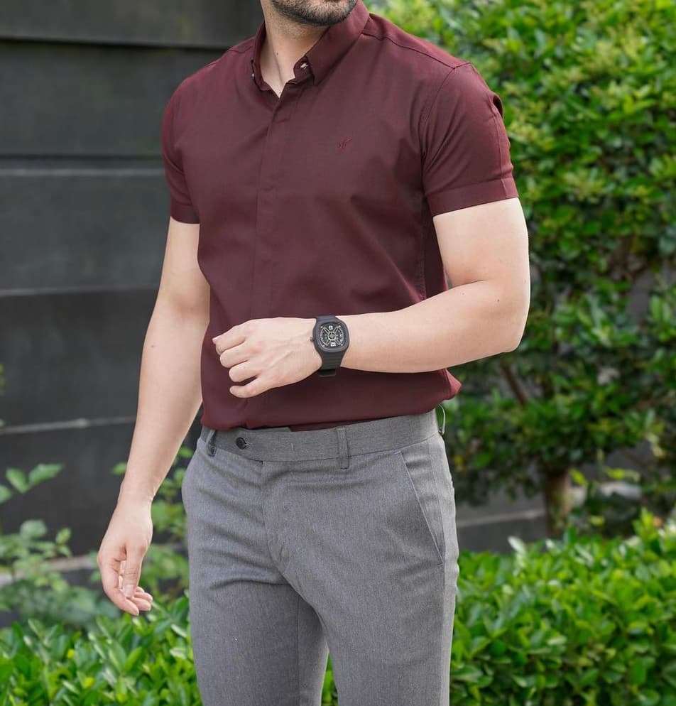 پیراهن آستین کوتاه زرشکی مردانه پارچه ساتن کش نخ پنبه کد۳۶