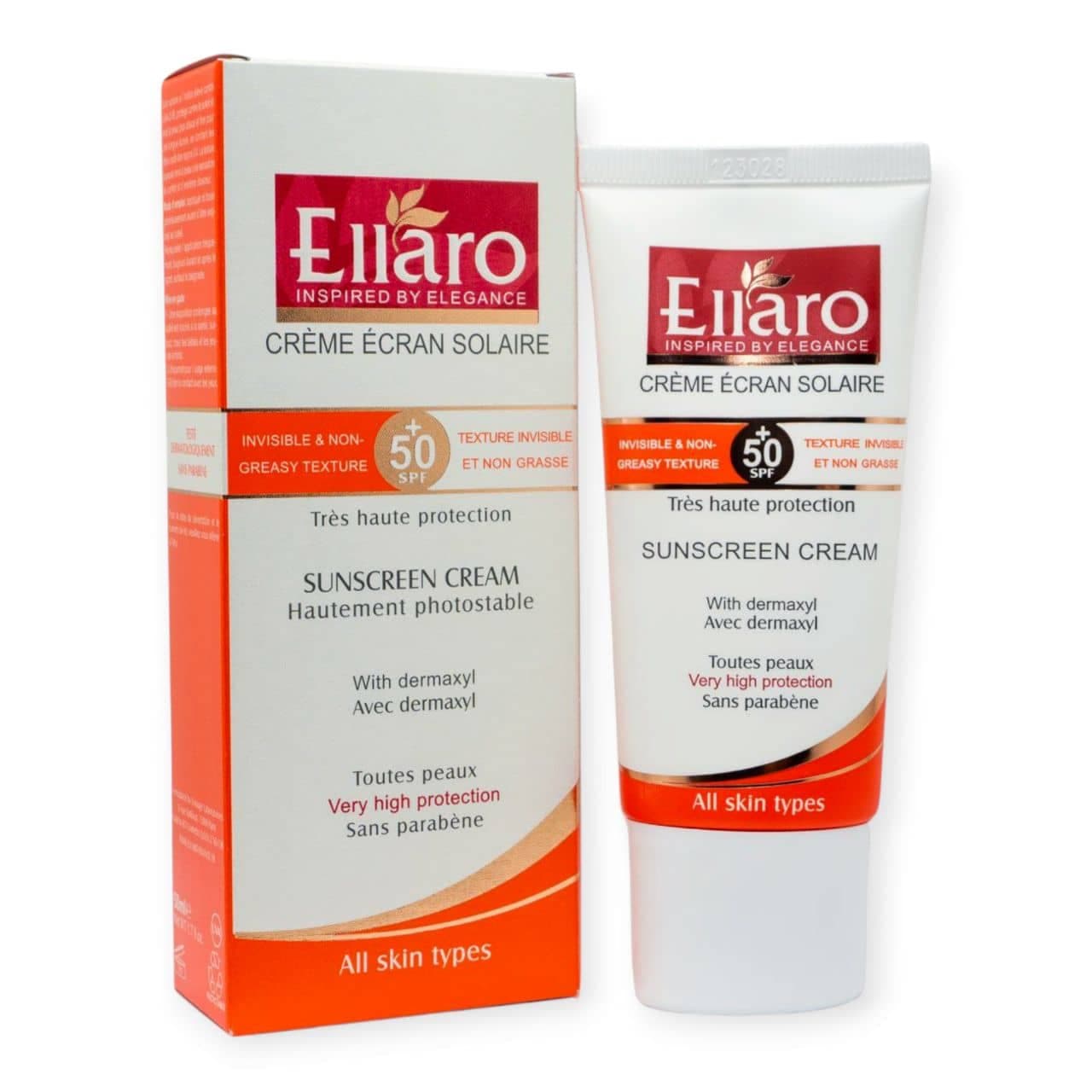 کرم ضد آفتاب انواع پوست بی رنگ الارو Ellaro حاوی SPF50 حجم 40 میل