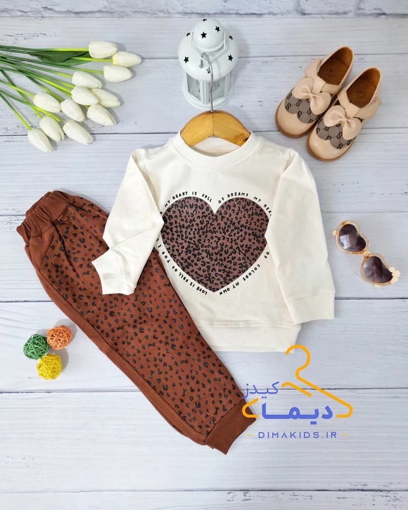 ست بلوز و شلوار سفید شکلاتی طرح پلنگی