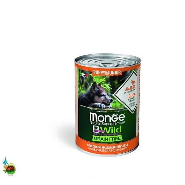 کنسرو توله سگ بی وایلد مونژه طعم اردک، کدو حلوایی و کدو سبز Monge bwild puppy dog duck with pumpkin and zucchini وزن ۴۰۰ گرم