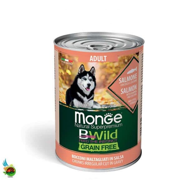کنسرو سگ بالغ بی وایلد مونژه طعم سالمون، کدو حلوایی و کدو سبز Monge bwild adult dog salmon with pumpkin and zucchini وزن ۴۰۰ گرم