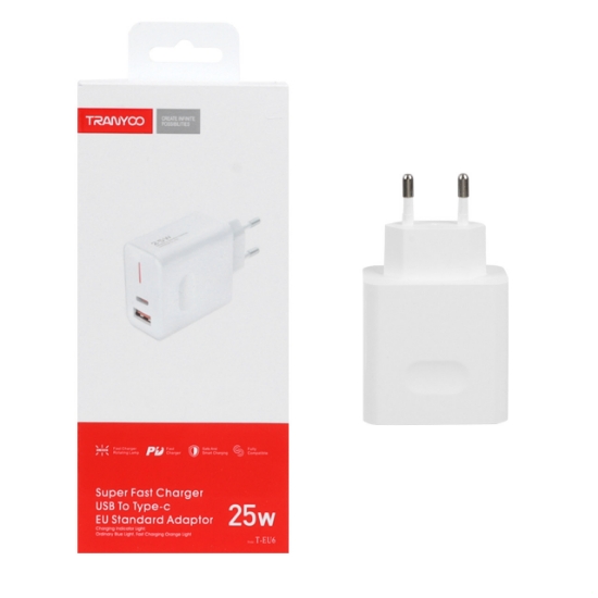 شارژر دیواری 25 وات فست شارژ PD دو پورت ترانیو مدل T-EU6