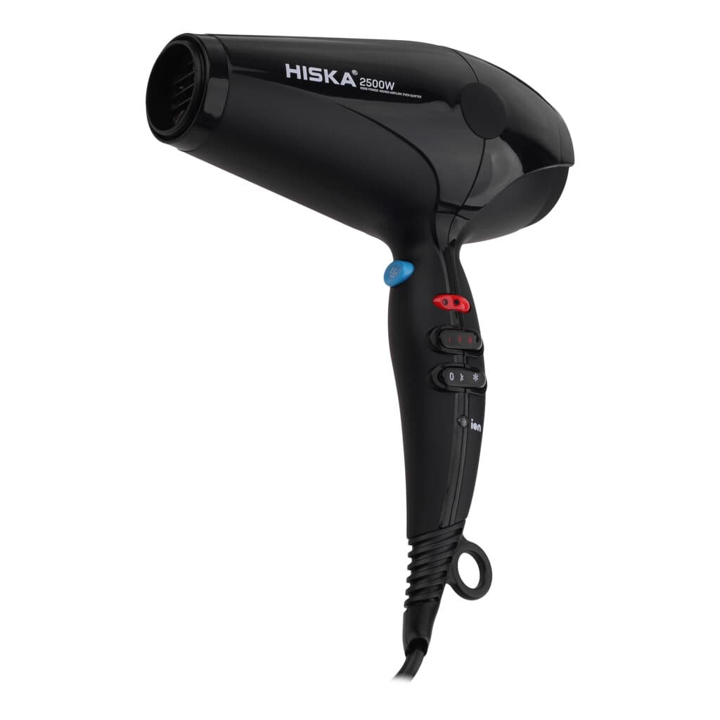 سشوار حرفه‌ای هیسکا مدل H5261، موتور AC با توان مصرفی 2500 وات، دارای قابلیت باد سرد، فناوری تولید یون، دارای حلقه آویختن، با حالت صاف‌کننده و حجم‌دهنده، وزن 1350 گرم، تنظیم حرارت 4 حالته و کنترل سرعت 2 حالته، به همراه دیسپانسر و 2 عدد سری متمرکزکننده