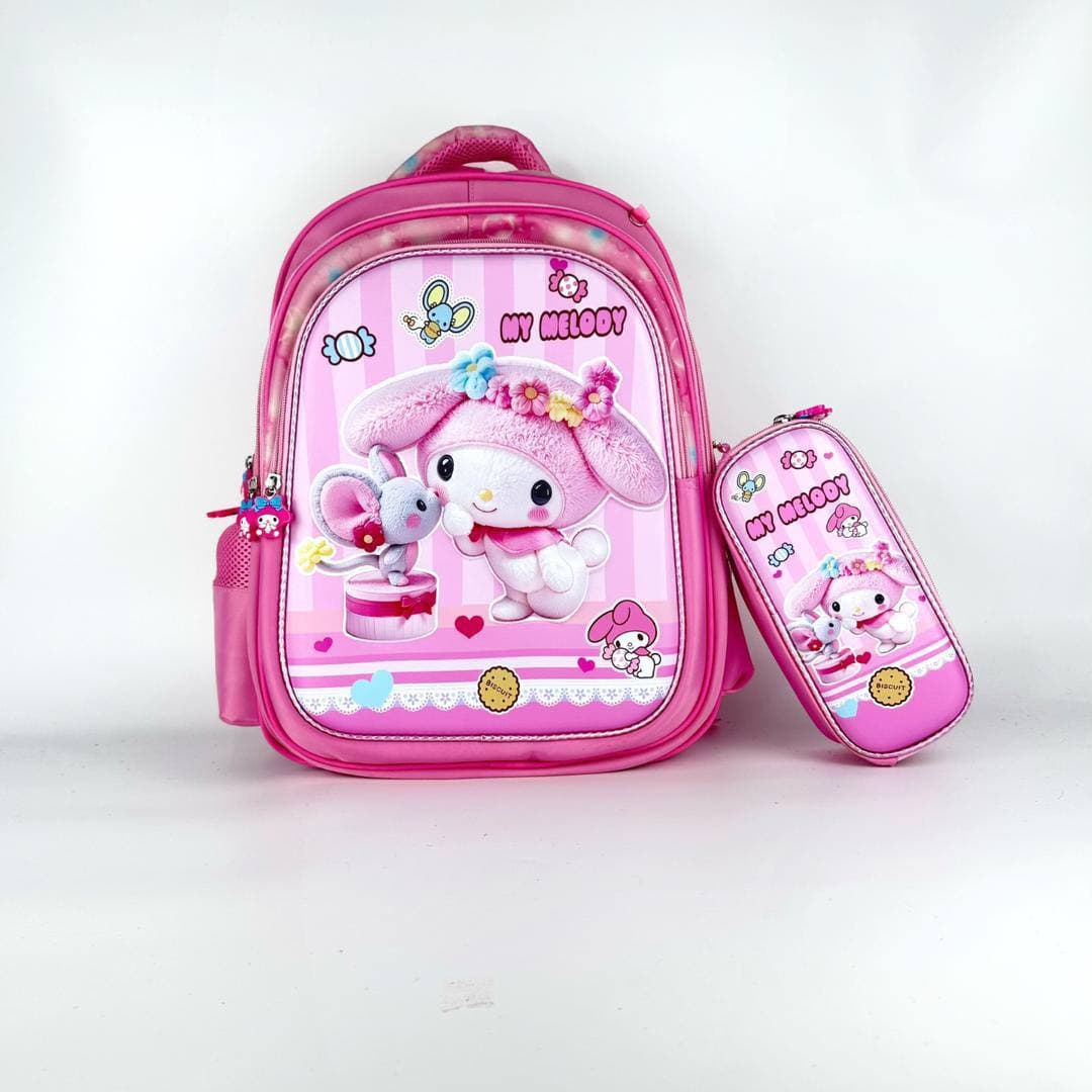 کوله وارداتی برجسته طرح ملودی و موش کد 5621 همراه با جامدادی