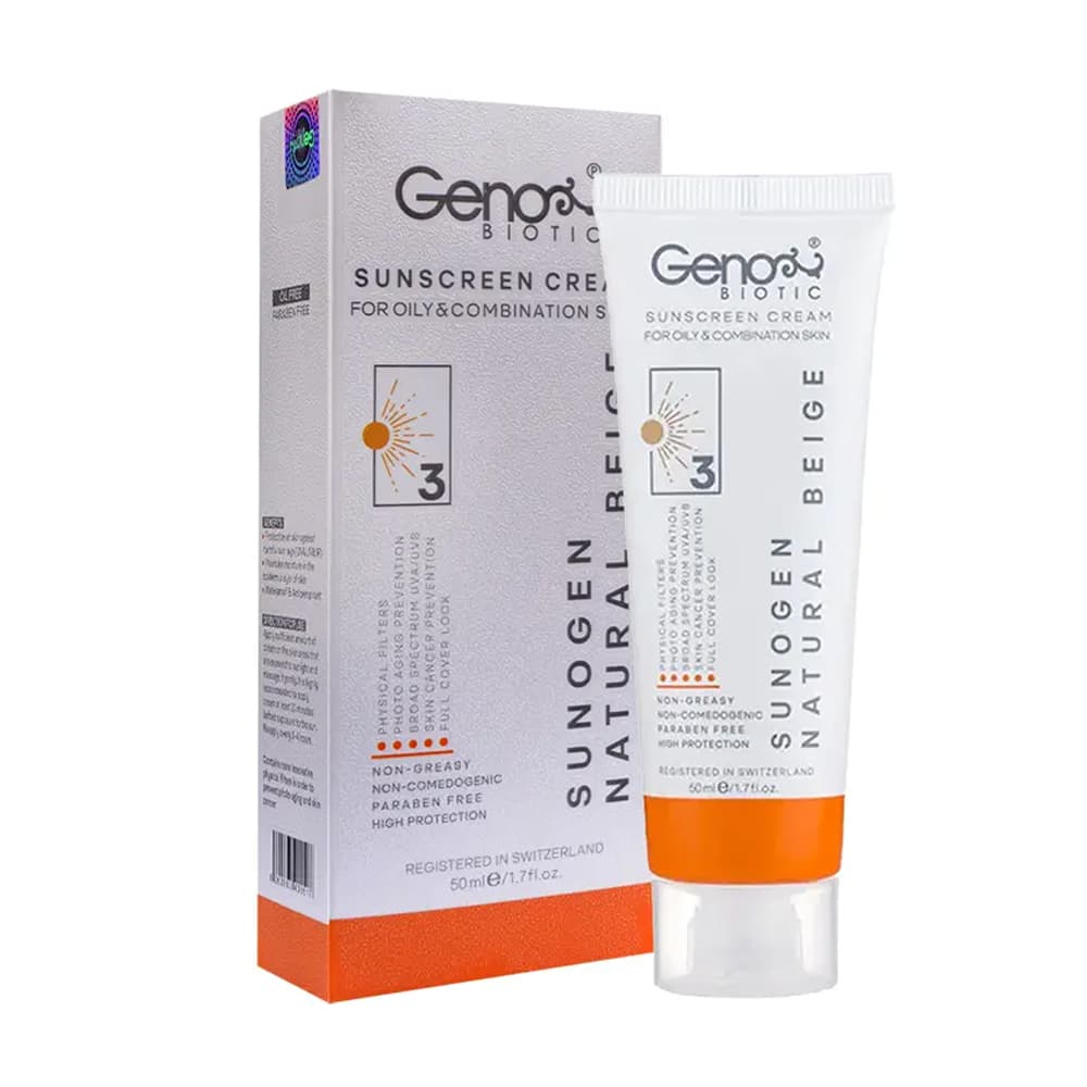 کرم ضد آفتاب مناسب پوست های چرب و مختلط اس پی اف 50 بژ طبیعی 50 گرم ژنوبایوتیک