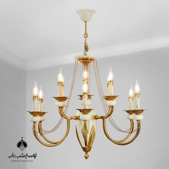 لوستر آویز 6 شاخه 12 شعله دوبل نورسازان 841/6 کرم طلا قهوه ای مات