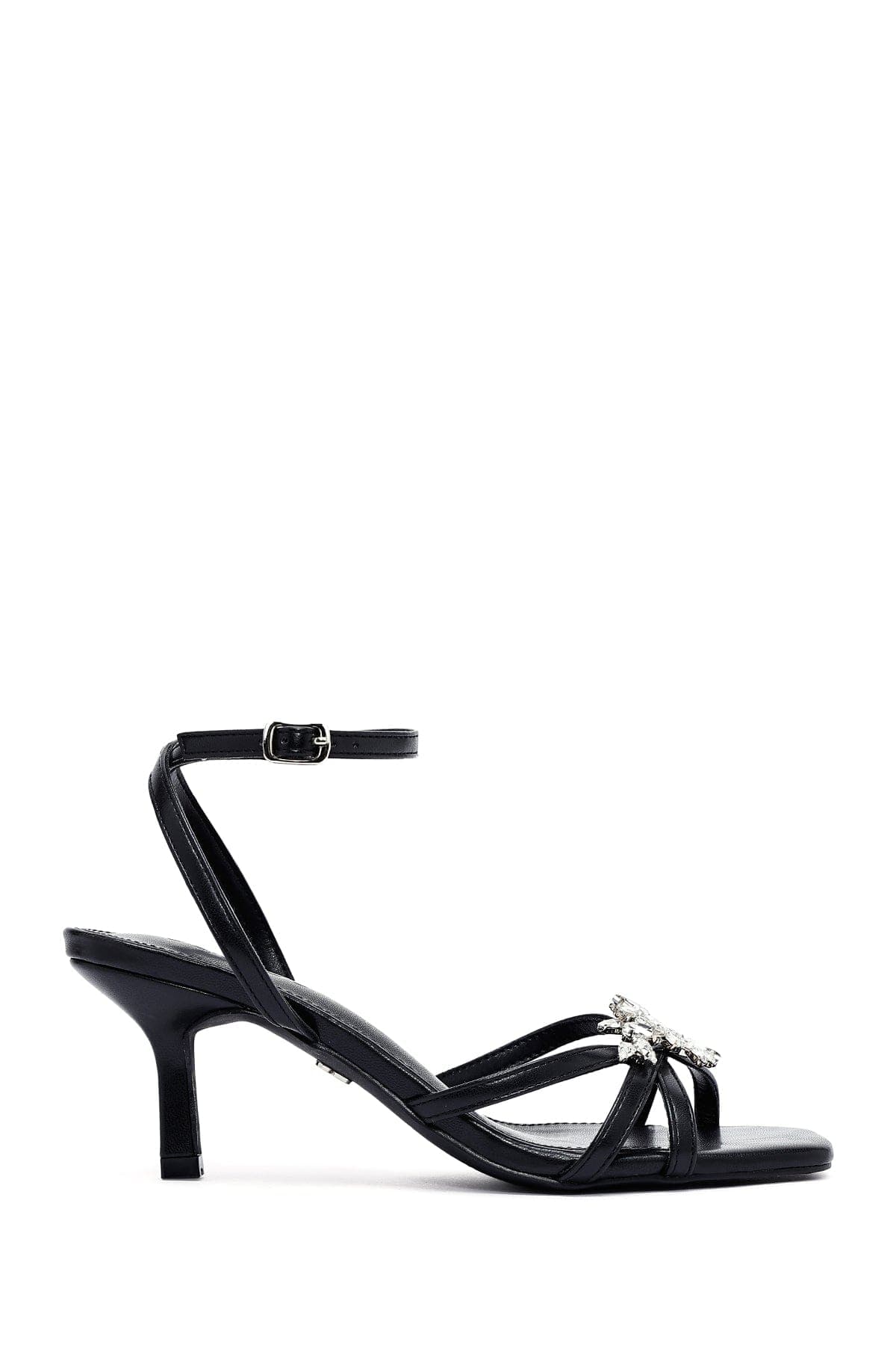 صندل زنانه مشکی نگین‌دار پاشنه‌نازک کوتاه بنددار دری مد