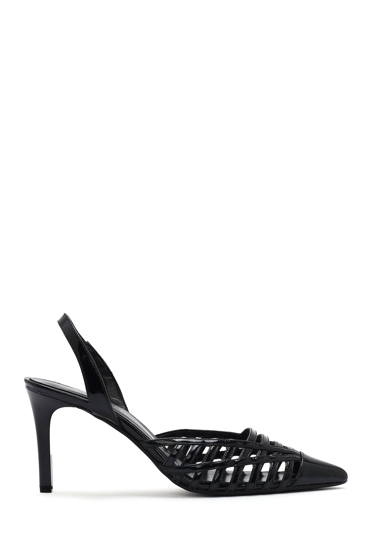 کفش زنانه مشکی چرم ورنی پاشنه نازک پشت باز دری مد