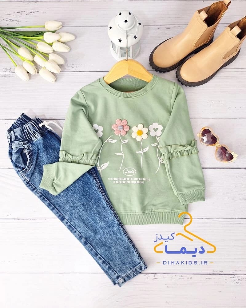 بلوز دورس پاییزه سبز طرح فلاور برجسته