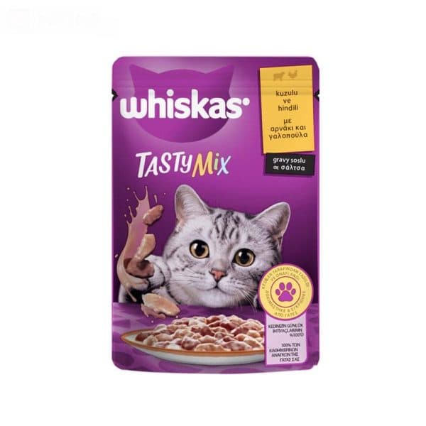 غذای پوچ گربه بالغ طعم میکس بره و بوقلمون ویسکاس (Whiskas Tasty Mix Lamb & Turkey In Gravy Pouch) وزن 85 گرم