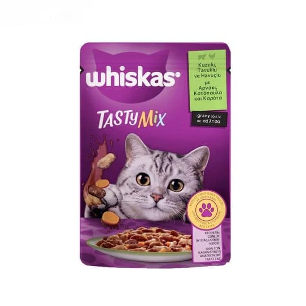 غذای پوچ گربه بالغ طعم میکس مرغ و بره و هویچ ویسکاس (Whiskas Tasty Mix Chicken-lamm In Gravy Pouch) وزن 85 گرم