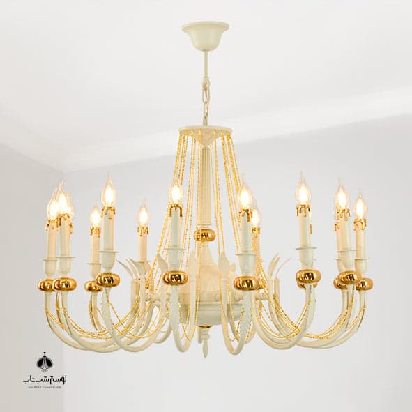 لوستر آویز 15 شعله نورسازان 839/15 کرم با گوی طلایی