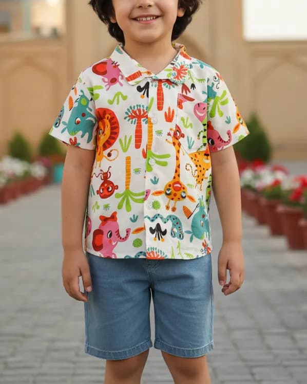 ست پيراهن نخی طرح دار و شلوارک بچگانه 1048