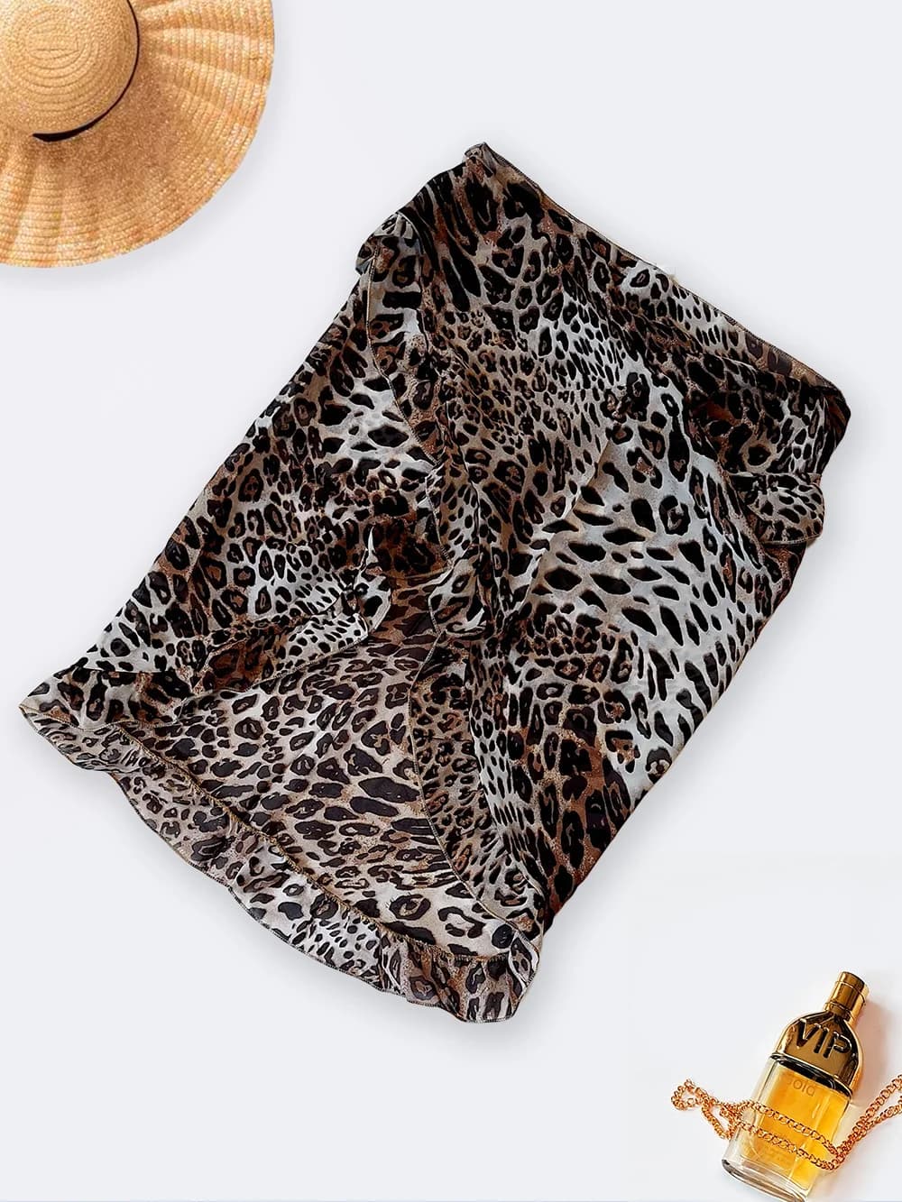 رومایویی دامنی و کمری حریر زنانه طرح پلنگی شیک و خاص قهوه ای رنگ