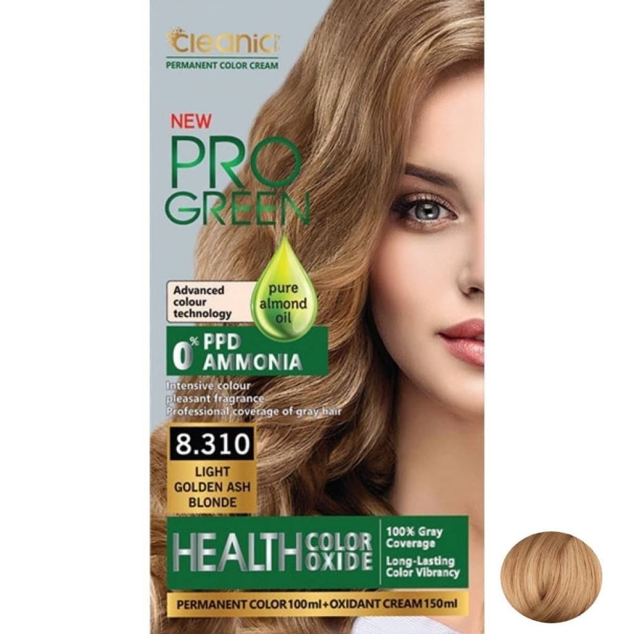 کیت رنگ موی بدون آمونیاک PRO GREEN رنگ بلوند خاکستری طلایی روشن شماره 8.310 حجم 100 گرم