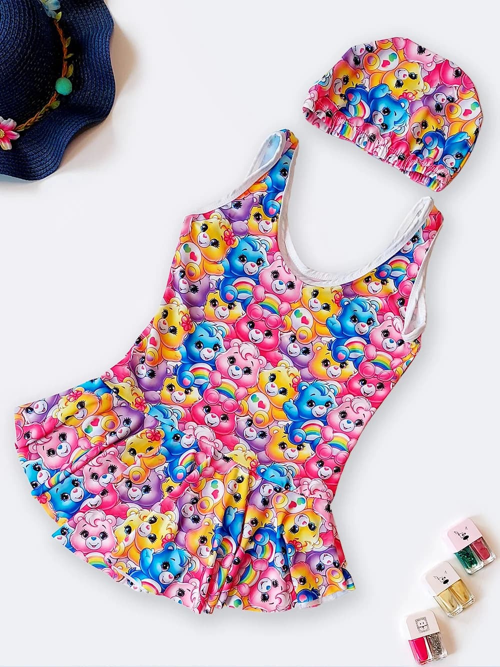 مایو بچگه گانه دخترانه پوشیده دامن دار و کلاه دار برای استخر بصورت سرهمی اسپیدو ( Speedo )