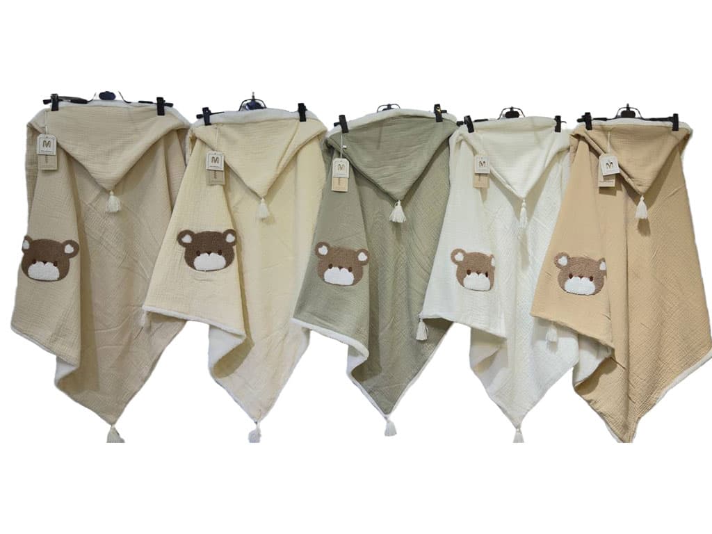 پتو دورپیچ موسلین کلاه دار نوازادی طرح برجسته خرس تدی ماماسی Mama See