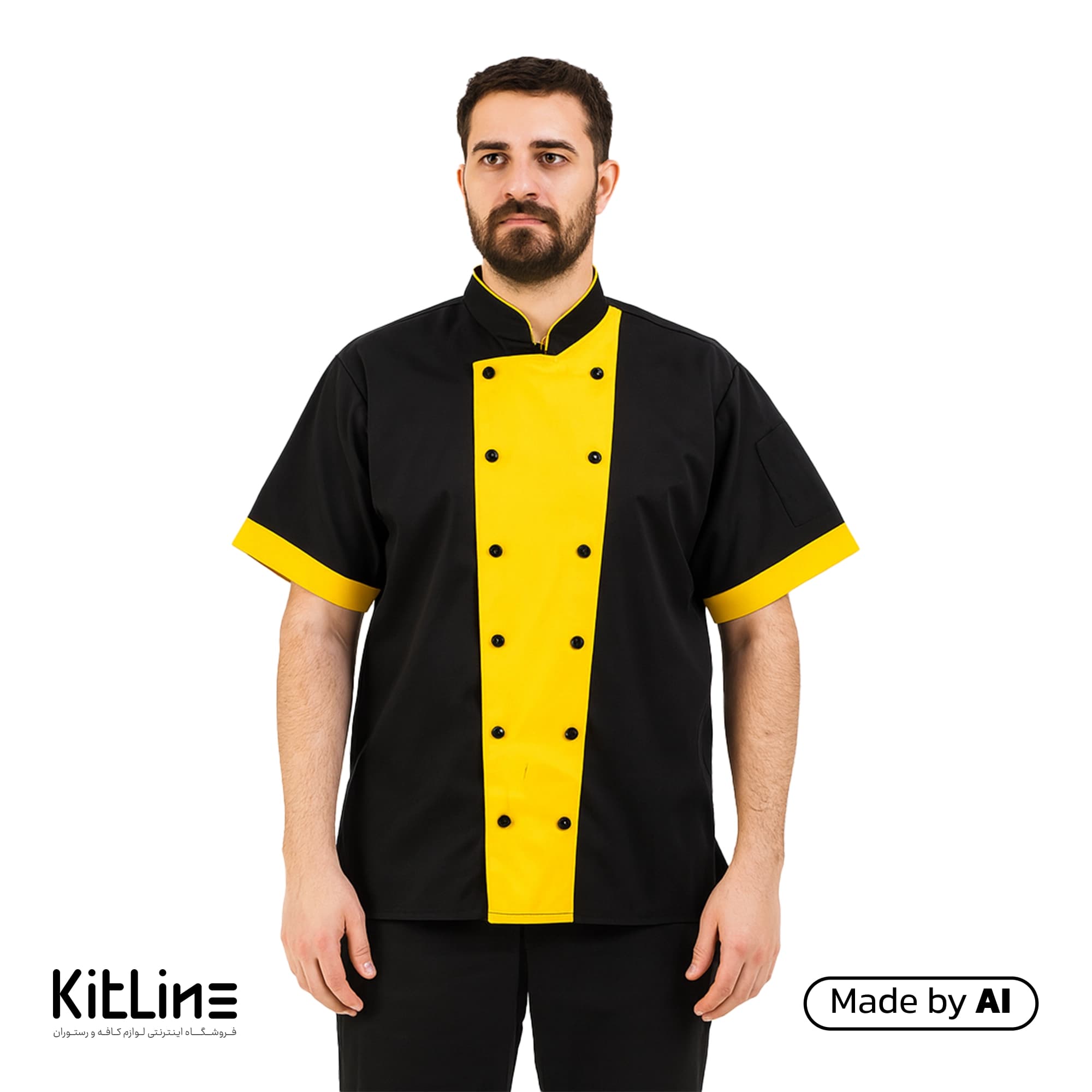 روپوش ترگال آستین کوتاه مشکی خرج کار زرد تک فرم مدل آریوان