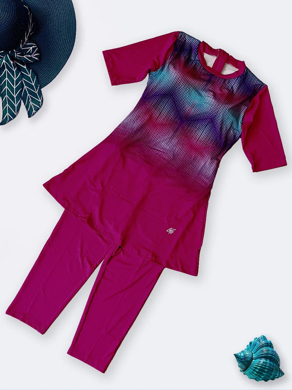 مایو نیمه اسلامی دامنی زنانه پوشیده شیک کاپدار و استین کوتاه لایف ( Life ) صورتی